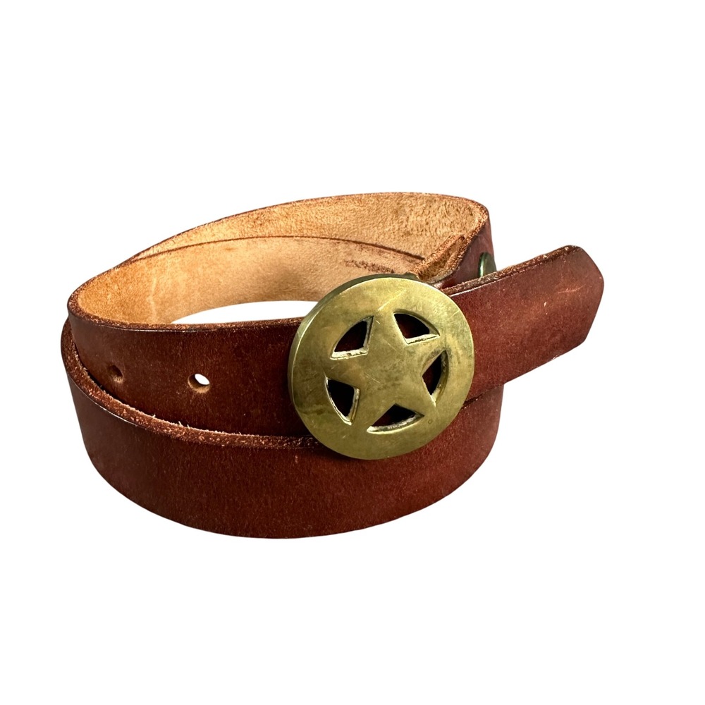 Vintage Brown Leather Belt Brass Ranger Buckle Western Americana Snap On 32